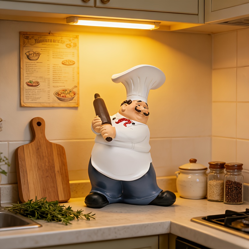 Commercial Kitchen Tables - Mustache Chef-Chef Resin Statue Waving Rolling